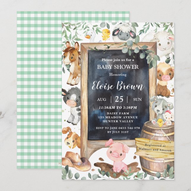 Chic Farm Animals Barnyard Greenery Baby Shower  Invitation (Front/Back)