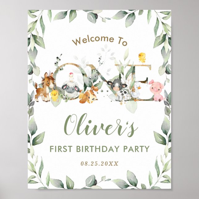 Chic Farm Animals Greenery Birthday Welcome Sign (Front)