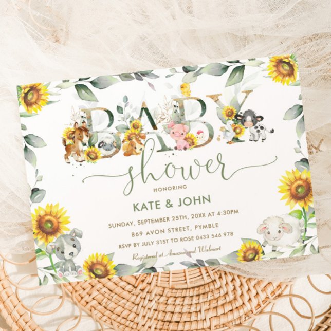Chic Farm Animals Sunflower Greenery Baby Shower  Invitation (Creator Uploaded)