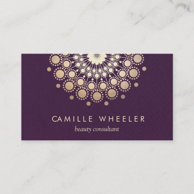 Chic Fashion & Beauty Stylist Gold Rosette Purple Business Card (Front)