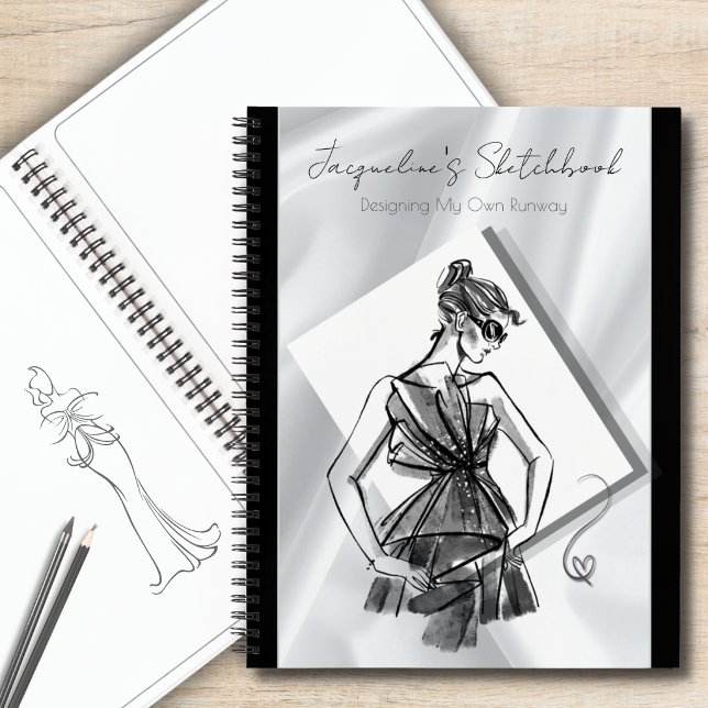 Chic Fashion Sketchbook Personalised Notebook (Chic fashion sketchbook personalized notebook with silver satin cover and custom name template.)