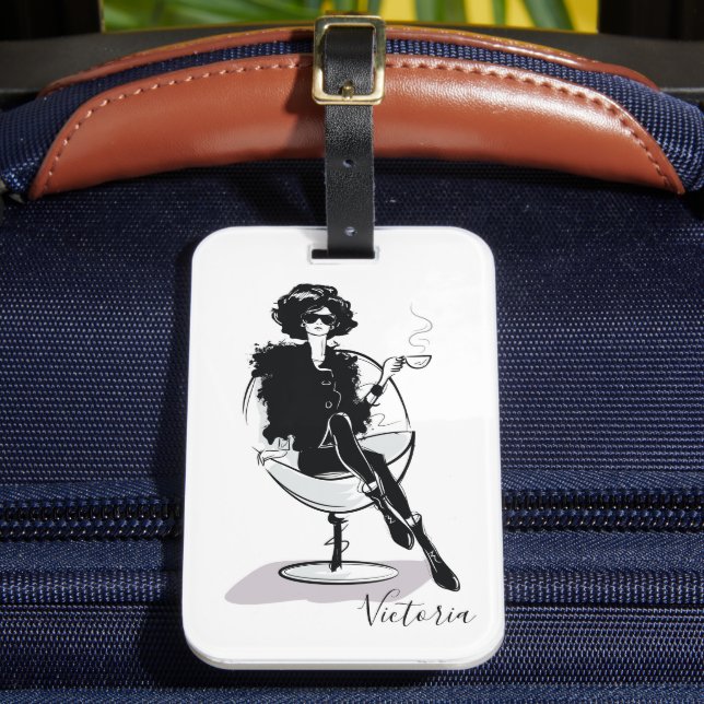 Chic Fashionable Woman Coffee Lover Personalised Luggage Tag (Front Insitu 2)