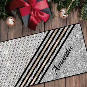 Chic faux Crystal and Silver glitter girly Desk Mat