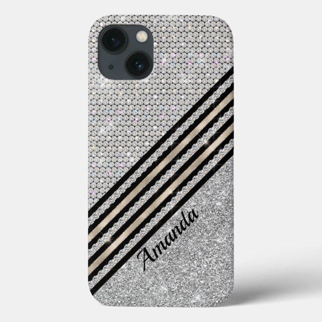 Chic faux Crystal and Silver glitter Personalised  Case-Mate iPhone Case (Back)
