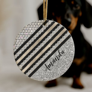 Chic faux Crystal and Silver glitter Personalised Ceramic Tree Decoration