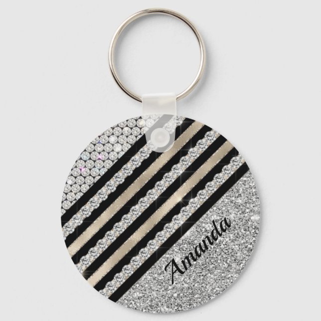 Chic faux Crystal and Silver glitter Personalised Key Ring (Front)