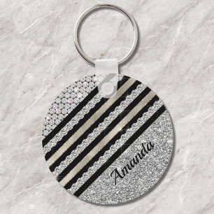 Chic faux Crystal and Silver glitter Personalised Key Ring