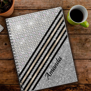 Chic faux Crystal and Silver glitter Personalised Notebook