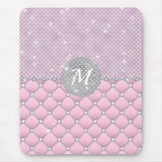Chic Faux Crystal Pink Silver Diamond Monogram Mouse Mat (Front)