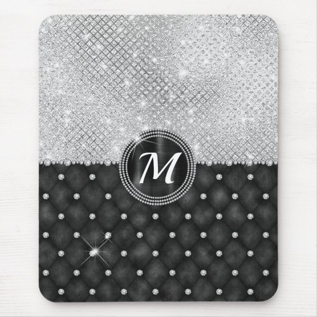 Chic Faux Crystal Silver Black Diamond Monogram Mouse Mat (Front)