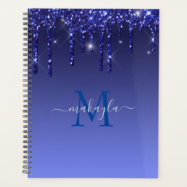 Chic Faux Dark Blue Glitter Drips Monogram Name Planner (Front)