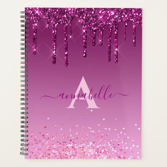 Chic Faux Dark Pink Glitter Drips Monogram Name Planner (Front)