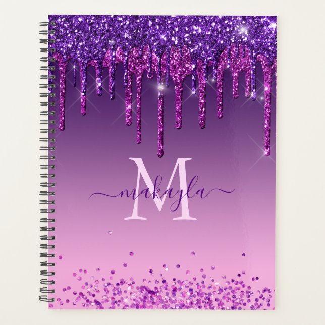 Chic Faux Dark Purple Glitter Drips Monogram Name Planner (Front)
