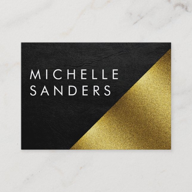 Chic Faux Gold and Leather Geometric Colour Block Business Card (Front)