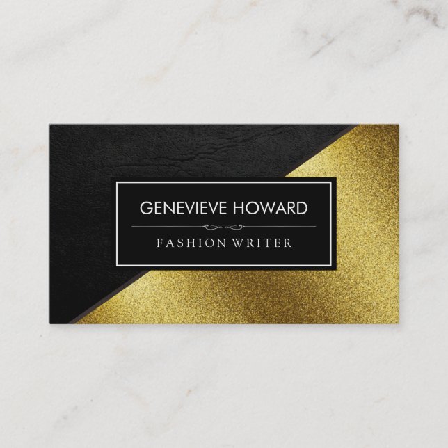 Chic Faux Gold and Leather Geometric Colour Block Business Card (Front)