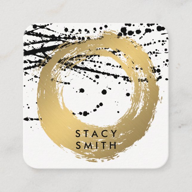 Chic Faux Gold Brushed | Artistic Ink Spatter Square Business Card (Front)