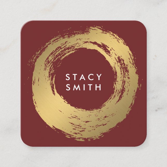 Chic Faux Gold Brushed Deep Red Square Business Card (Front)