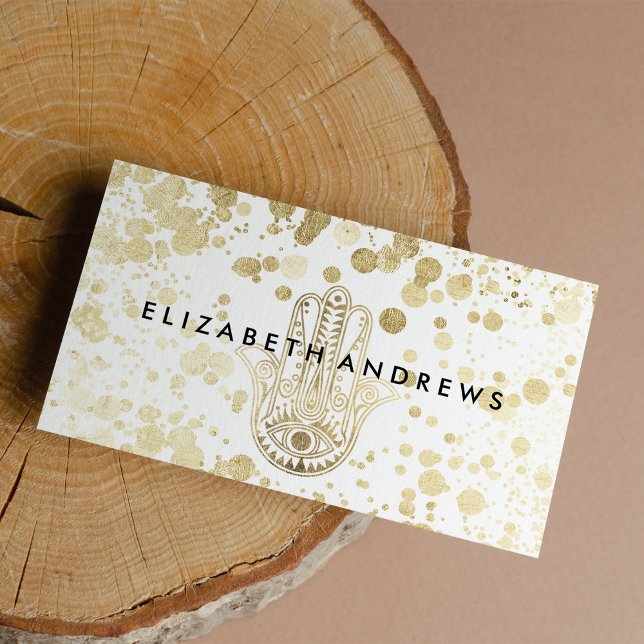 Chic faux gold confetti hamsa hand of Fatima Business Card (Chic faux gold confetti hamsa hand of Fatima )