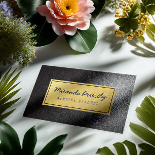 Chic Faux Gold Foil Black Leather Texture Business Card