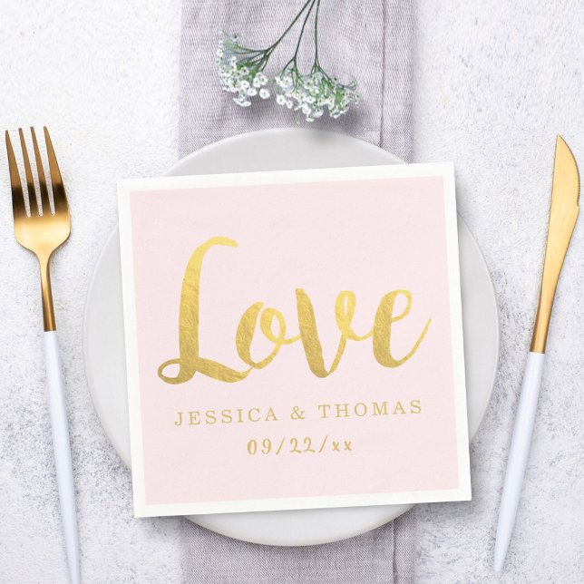 Chic Faux Gold Foil & Blush Pink Love Wedding Napkin (Creator Uploaded)