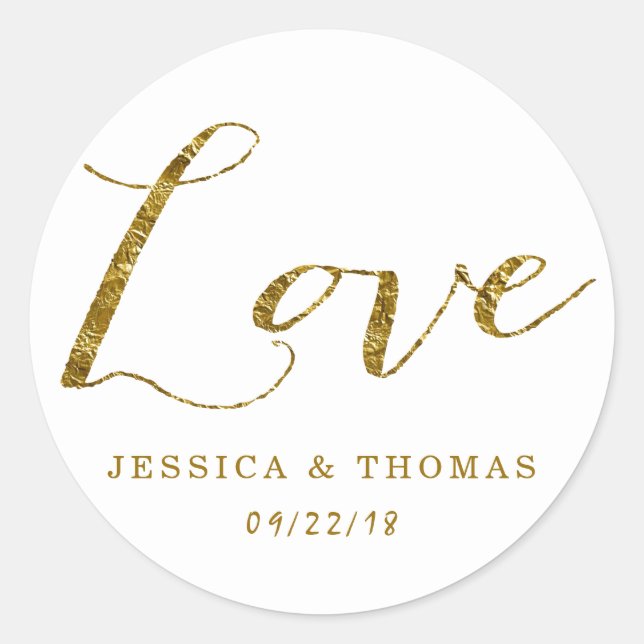 Chic Faux Gold Foil Custom Wedding Love Template Classic Round Sticker (Front)