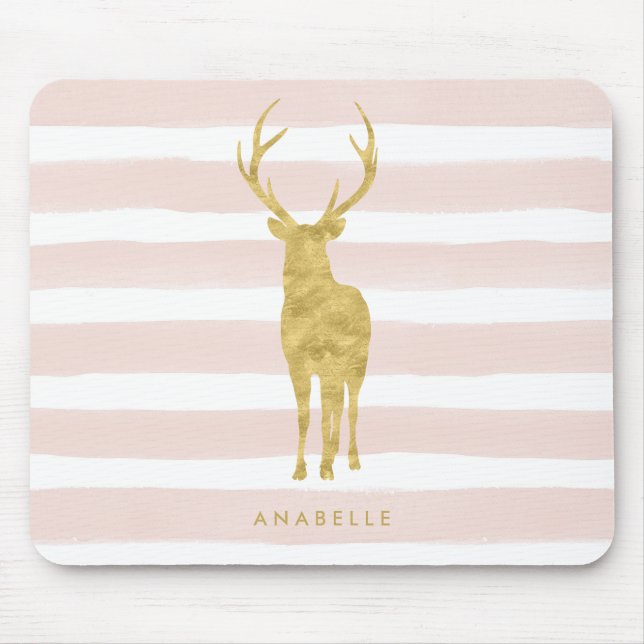 Chic Faux Gold Foil Deer on Pink Stripes Mouse Mat (Front)