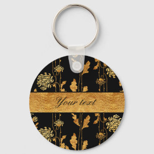 Chic Faux Gold Foil Flowers on Black Key Ring