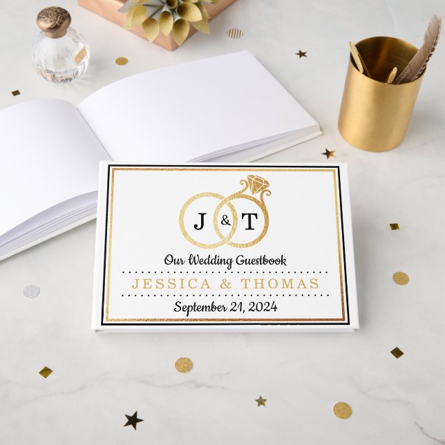 Chic Faux Gold Foil Monogram Wedding Rings Guest Book (Front Open)