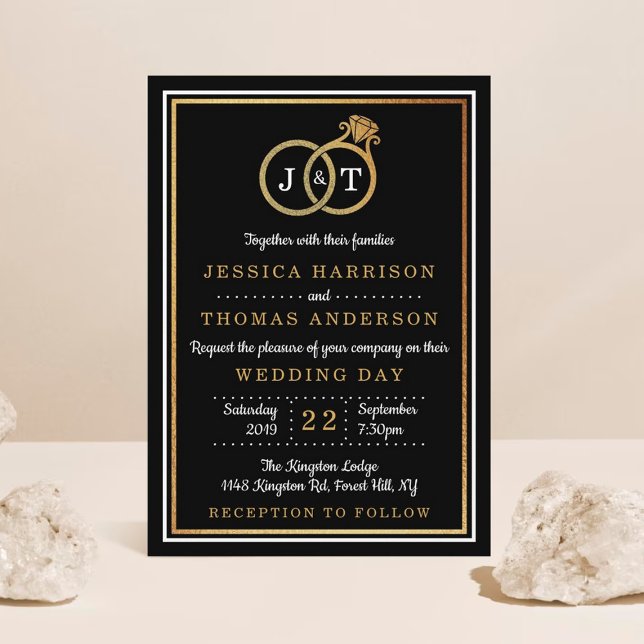 Chic Faux Gold Foil Monogram Wedding Rings Invitation (Creator Uploaded)