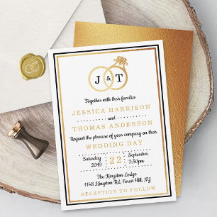 Chic Faux Gold Foil Monogram Wedding Rings Invitation
