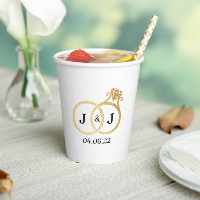 Chic Faux Gold Foil Monogram Wedding Rings Paper Cups (Insitu)