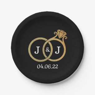 Chic Faux Gold Foil Monogram Wedding Rings Paper Plate