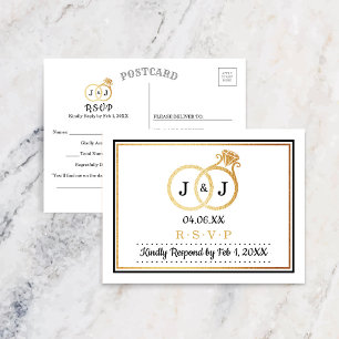 Chic Faux Gold Foil Monogram Wedding Rings RSVP Invitation Postcard