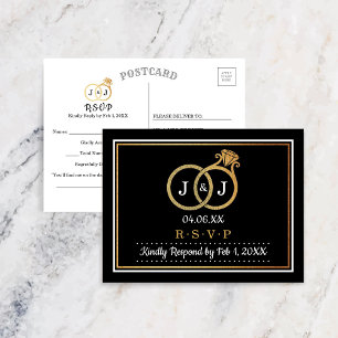 Chic Faux Gold Foil Monogram Wedding Rings RSVP Invitation Postcard