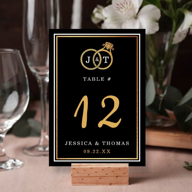 Chic Faux Gold Foil Monogram Wedding Rings Table Number (Creator Uploaded)