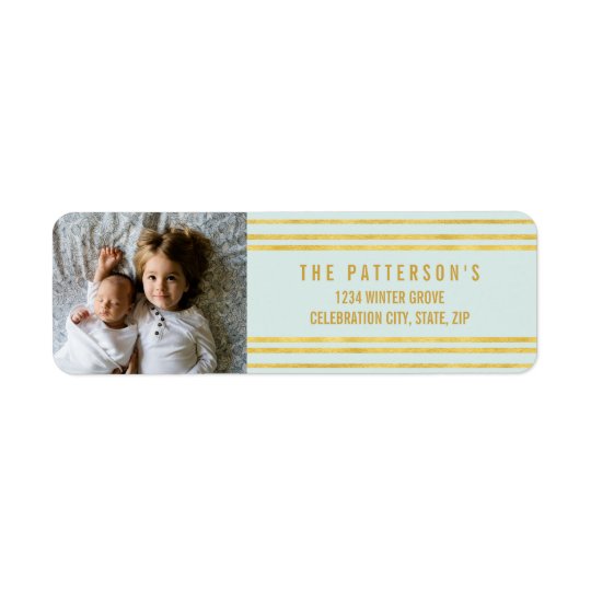 Chic Faux Gold foil Stripes Light Blue Photo Return Address Label