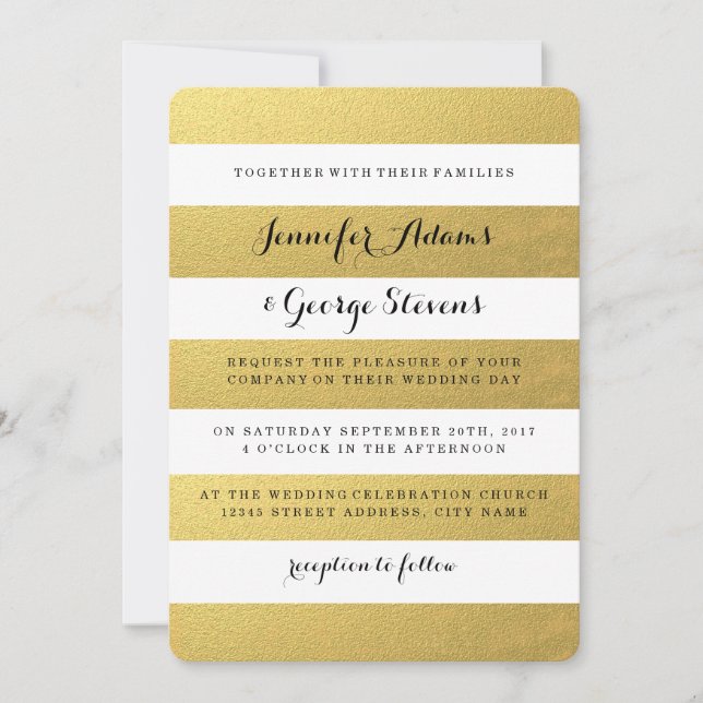 CHIC FAUX GOLD FOIL STRIPES WEDDING INVITATION (Front)