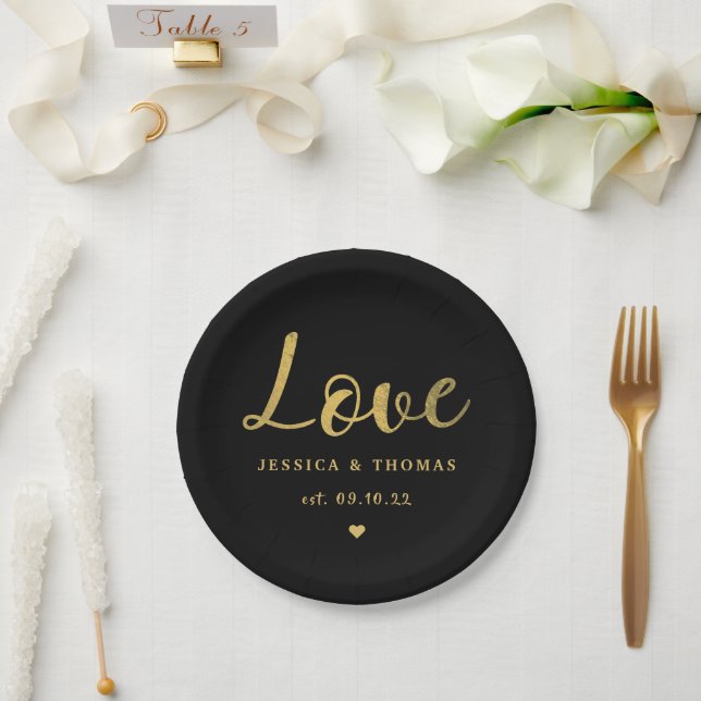 Chic Faux Gold Foil Typography Script Love Wedding Paper Plate (Wedding)