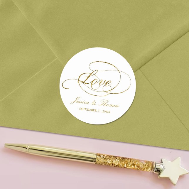 Chic Faux Gold Foil Wedding Favor Template Classic Round Sticker (Creator Uploaded)