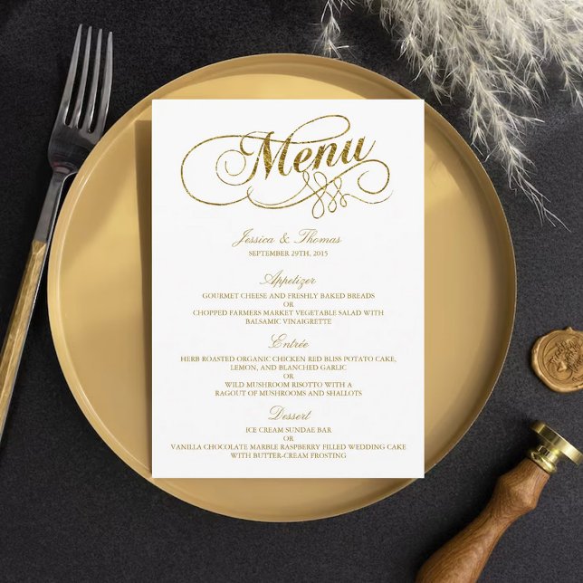 Chic Faux Gold Foil Wedding Menu Template (Creator Uploaded)