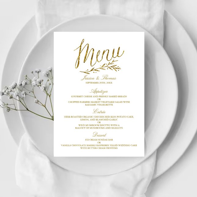 Chic Faux Gold Foil Wedding Menu Template (Creator Uploaded)