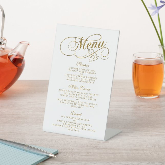 Chic Faux Gold Foil Wedding Menu Template Pedestal Sign (In SItu)