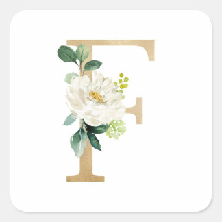 Chic Faux Gold Foil White Flower Letter F Monogram Square Sticker