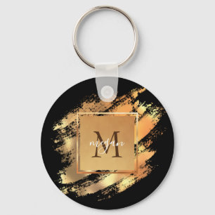 Chic Faux Gold Glam Brushstroke Monogrammed Key Ring