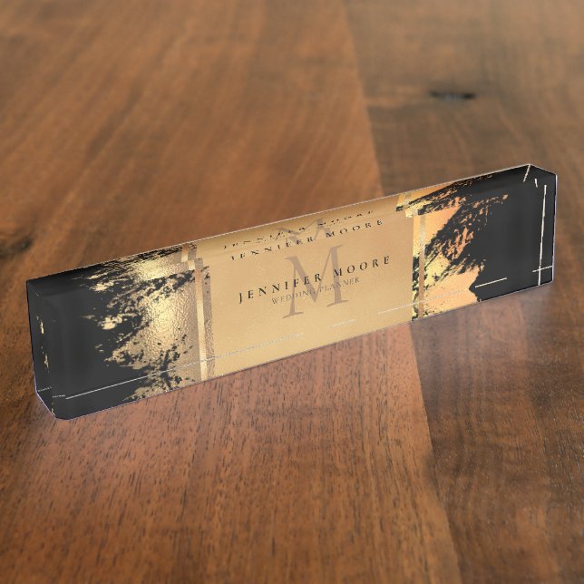 Chic Faux Gold Glam Brushstroke Monogrammed Nameplate (Side)