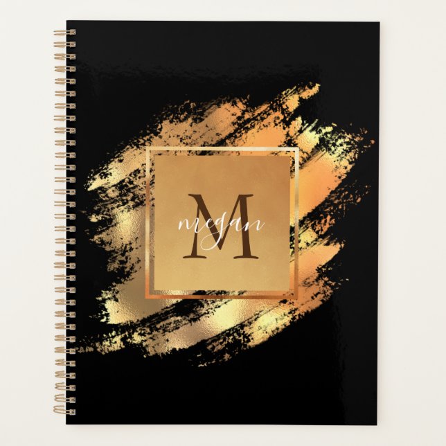 Chic Faux Gold Glam Brushstroke Monogrammed Planner (Front)