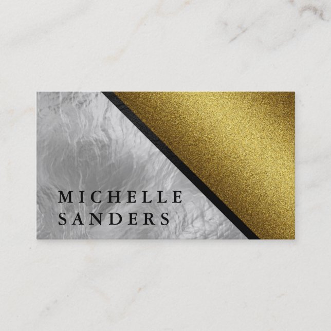 Chic Faux Gold Glass with Leather Trim Business Card (Front)