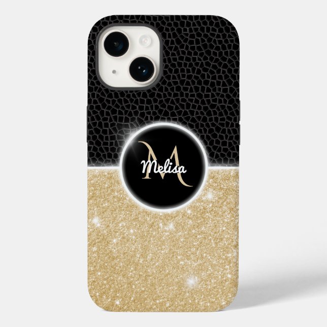 Chic faux Gold Glitter Black Leather Monogram Case-Mate iPhone Case (Back)