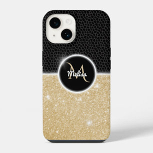 Chic faux Gold Glitter Black Leather Monogram iPhone 14 Case