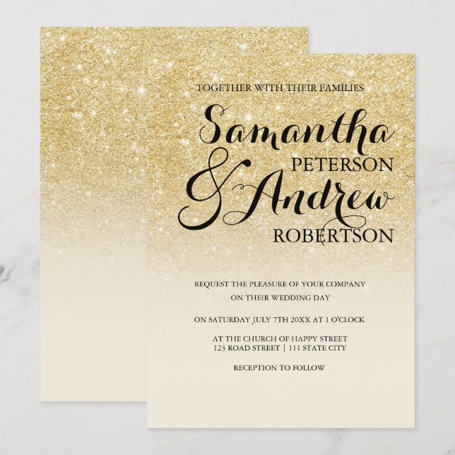 Chic faux gold glitter ivory off white wedding invitation (Front/Back)